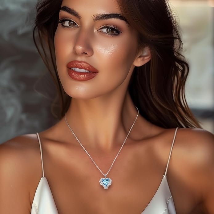 CDE Valentines Day Gifts for Women Angel Wings Necklace for Women with Birthstone, Love Heart Silver Tone/Gold Tone Pendant, Ideal Anniversary or Birthday Jewelry Gifts for Wife Girlfriend Her