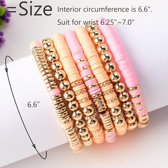 GOOJIDS Surfer Heishi Clay Bead Bracelets for Women Bohemian Stackable Gold Plated Beaded Stretch Bracelets Elastic Layering Friendship Bracelets Set Boho Jewelry