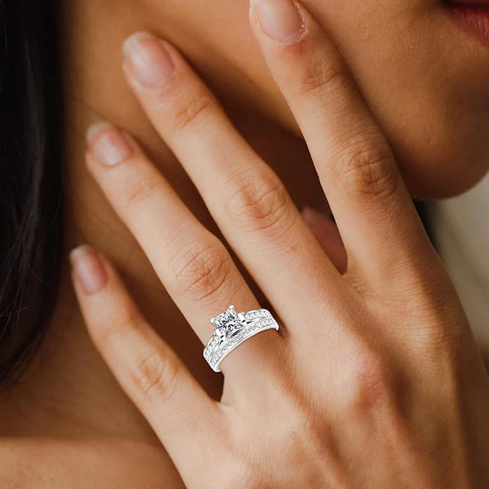 1 to 5 Carat Moissanite Ring Set S925/10K/14K/18K Gold, Princess Cut VVS1 Clarity D Color Moissanite Engagement Rings Set Luxury Bridal Jewelry Wedding Gifts for Women