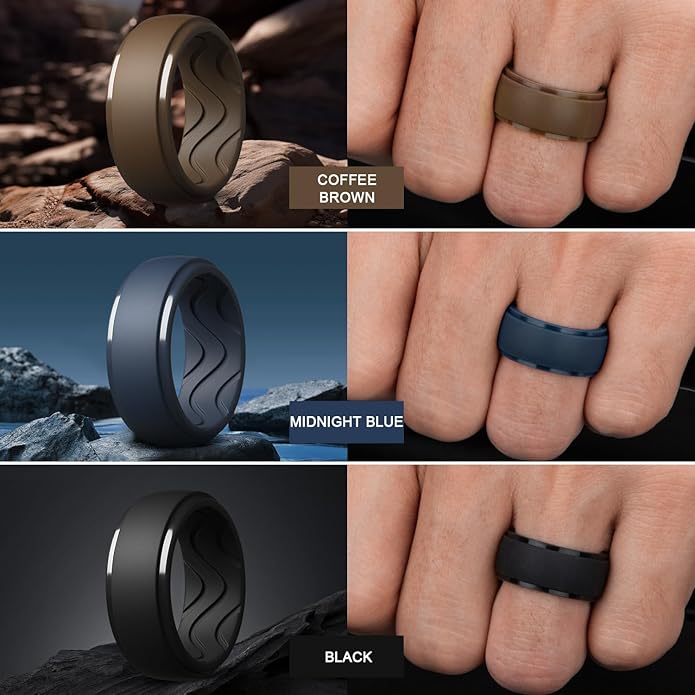 Egnaro Men's Silicone Rings 10mm Wide 2.5mm Thick, Rubber Wedding Bands with Inner Arc Ergonomic Breathable Design, 1/4/5/7 Variety Multipack