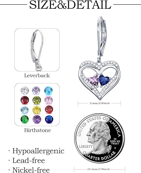Valentines Day Gifts for Women, Heart Leverback Earrings Double Birthstone Dangle Earrings for Women, Love Jewelry for Her, Anniversary Birthday Gift for Mom Wife Girlfriend