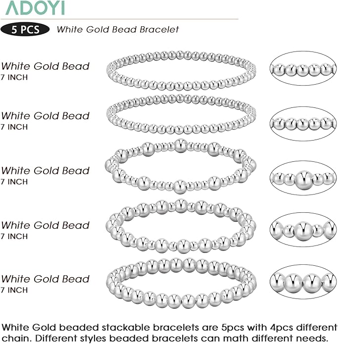 adoyi Valentines Day Gifts for Her Gold Bracelets for Women Waterproof, 14K Gold Plated Beaded Strand Bead Ball Bracelets stack Adjustable Jewelry Set for Gifts
