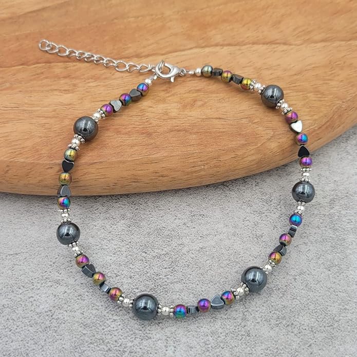 BESHEEK Rainbow Anklet Bracelet Hue Twisted Hematite and Round Artisan Beaded Anklet with Extension Handmade Hypoallergenic Beach Gala Wedding Style Jewelry