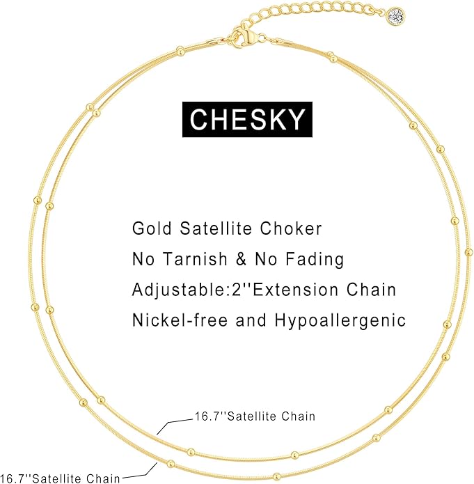 CHESKY 14k Gold Plated/Silver Plated Dainty Necklace for Women, Trendy Satellite Choker Necklace Thin Beaded Layered Choker Necklaces Discs Paperclip Chain Necklaces Womens Simple Jewelry