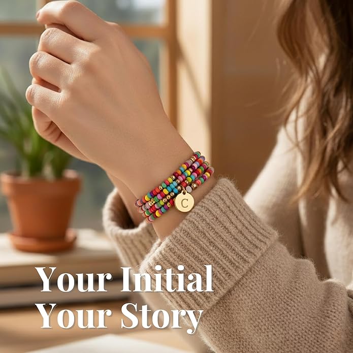 Set of 4 Colorful Bead Initial Bracelets, Personalized Stackable Jewelry, Adjustable Stretchy Charm Bracelets for Women, Beaded Bracelet Set, Trendy Custom Jewelry Gift