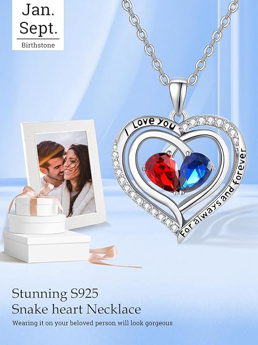 Valentine's Day Gifts for Wife 925 Sterling Silver Double Birthstone Pendant Necklaces I Love You for Always and Forever Necklace Anniversary Birthday Gifts for Wife Girlfriend Mom Her