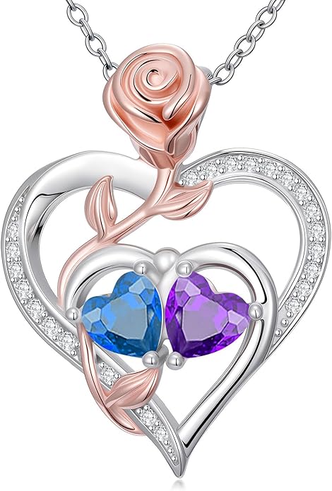 Rose Flower Heart Pendant for Women Birthday Gifts 18k Gold Plated Mother Daughter Necklace with 12 Months Birthstone Christmas Valentines Day Gifts for Her Mom Anniversarry Jewelry for Mom Wife Girlfriend