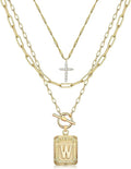 MJartoria Layered Initial Necklaces for Women Trendy, 14K Gold Plated Brass Simple Dainty Cross Choker Square Letter Pendant Necklace, Paperclip Chain Necklaces Jewelry