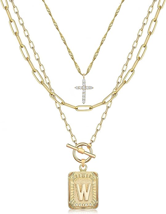 MJartoria Layered Initial Necklaces for Women Trendy, 14K Gold Plated Brass Simple Dainty Cross Choker Square Letter Pendant Necklace, Paperclip Chain Necklaces Jewelry