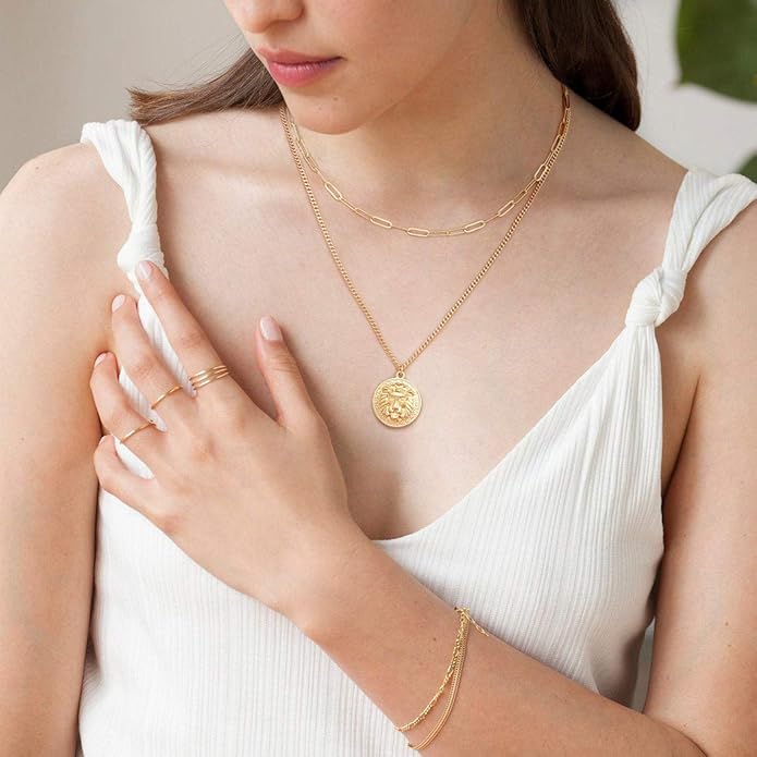 Aobei Pearl 18K Gold Plated Moon Star Lion Evil Eye Love Heart Cross Pendant Necklace Medallion Paperclip Chian Choker Layering Jewery for Women