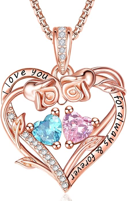Rose Heart Necklaces for Women, Rose Gold Forever Love Jewelry with 2 Birthstones Pendant,Valentines Anniversarry Birthday Gifts for Her Wife Mom Grandma Daughter, 18+2 Inch Chain