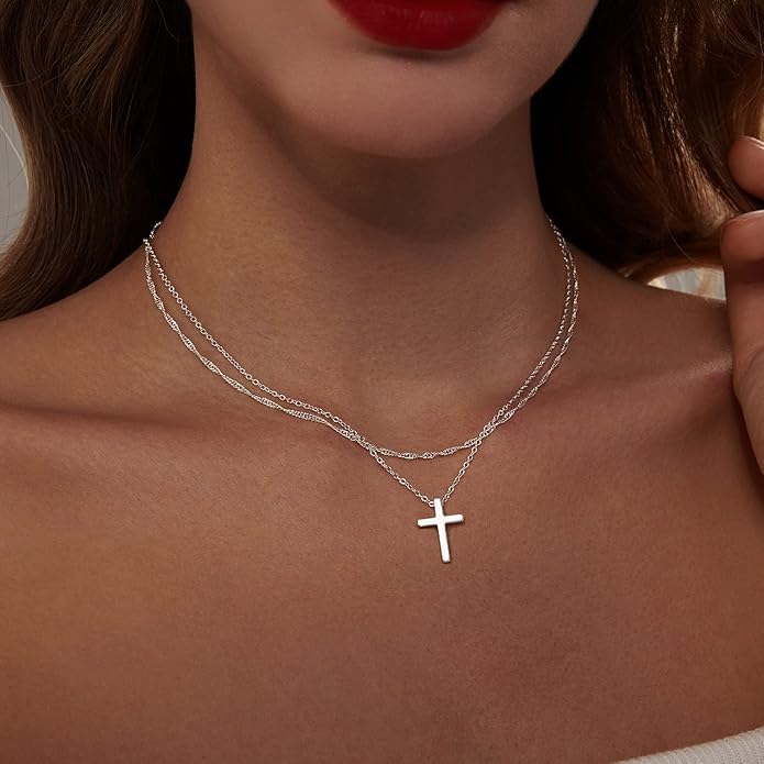Zeffy Cross Necklace for Women, 18k Gold/Silver Plated Tiny Cross Pendant Necklace Simple Layered Cross Necklaces Gold Jewelry for Women