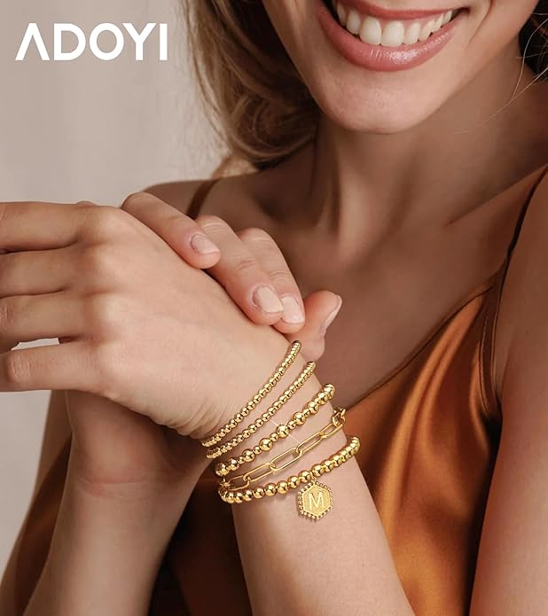 adoyi Valentines Day Gifts for Her Gold Bracelets for Women Waterproof, 14K Gold Plated Beaded Strand Bead Ball Bracelets stack Adjustable Jewelry Set for Gifts