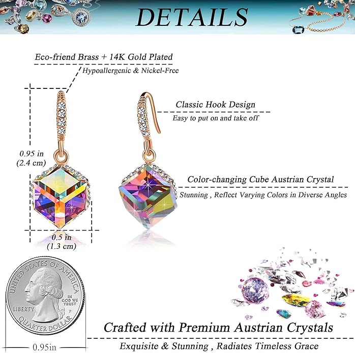Austrian Crystal Cube Drop Dangle Earrings for Women 14K Gold Plated Hypoallergenic Jewelry