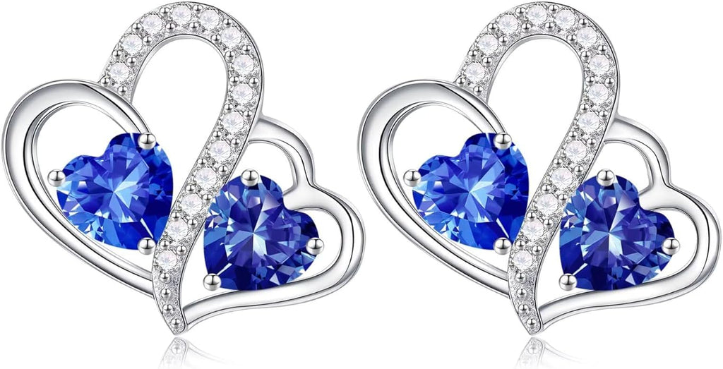 Iefil Valentines Day Gifts for Her - Birthstone Earrings Gift for Women, 925 Sterling Silver Double Heart Birthstone Earrings | Anniversary Birthday Gifts for Women, Personalized Jewelry for Wife Mom