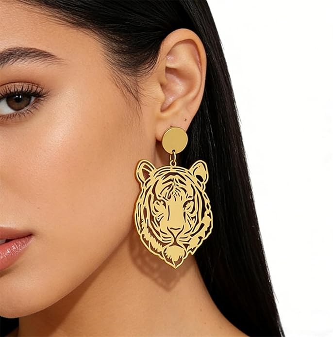 WCRAZYE Tiger Head Earrings for Women, Lightweight Gold, Football Team Spirit Mascot, Animal Inspired Game Day Jewelry