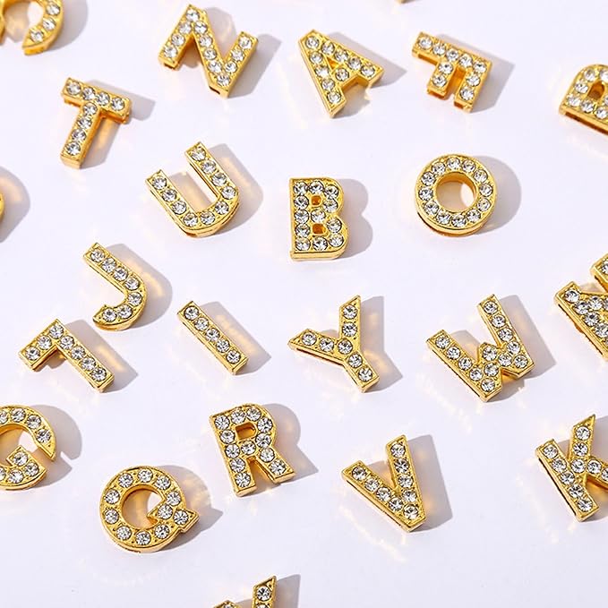 130 PCS A-Z Full Rhinestones Charms 8MM Slide Alphabet Crystal Letters for DIY Slide Wristbands Bracelets,Hair Clips,Jewelry Making Charms（130PCS Gold 8mm）