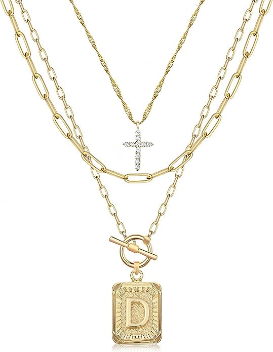 MJartoria Layered Initial Necklaces for Women Trendy, 14K Gold Plated Brass Simple Dainty Cross Choker Square Letter Pendant Necklace, Paperclip Chain Necklaces Jewelry