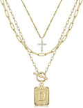 MJartoria Layered Initial Necklaces for Women Trendy, 14K Gold Plated Brass Simple Dainty Cross Choker Square Letter Pendant Necklace, Paperclip Chain Necklaces Jewelry