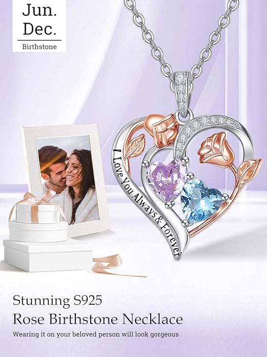 Valentine's Day Gifts for Wife 925 Sterling Silver Double Birthstone Pendant Necklaces I Love You for Always and Forever Necklace Anniversary Birthday Gifts for Wife Girlfriend Mom Her