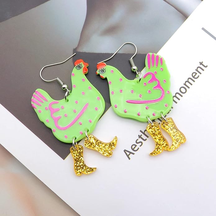 Acrylic Boot Big Chicken Earrings,Funny Colorful Boots Chicken Drop Dangle Earrings,Cock Hen Foot Chicken Earrings for Women Farm Design Lovely Gift