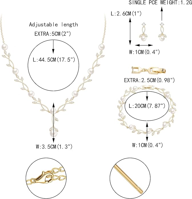 EVER FAITH Bridal Cubic Zirconia Jewelry Sets for Women, White Simulated Pearl Leaf Vine Pendant Wedding Party Necklace Earrings Set for Bridesmaid Bride