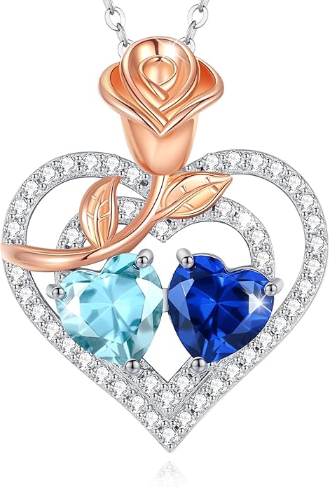 AGVANA Valentines Day Gifts Birthstone Necklace for Women Sterling Silver Rose Flower Heart Double Birthstone Jewelry Pendant Necklace Anniversary Birthday Gifts for Women Mom Wife Girlfriend Her