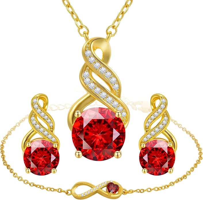 Jewelry Sets for Women-18K Gold Plated Dainty Birthstone Pendant,Trendy Necklace Earrings Infinity Bracelets Set,Ideal Jewelry Gifts for Her Mom