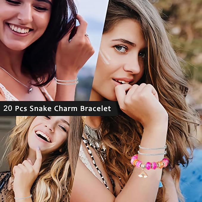 20 Piece Snake Chain Charm Bracelet with Helper, Adjustable Snake Charm Bracelet with Heart Lobster Clasp Extender Chain DIY Charm Chains for Women Christmas Gifts Jewelry Making