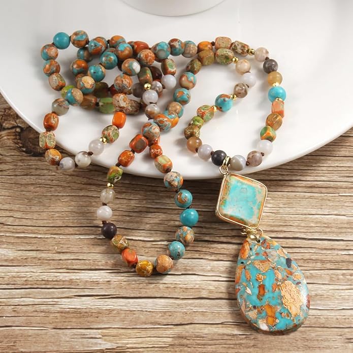 Yomisa Boho Necklaces for Women Men Long,33/34/35 Inch Natural Turquoise Tiger Eye Beaded Stone Pendant Necklaces for Women Trendy,Handmade Bohemian Western Bead Necklace Fashion Charm Jewelry Gift