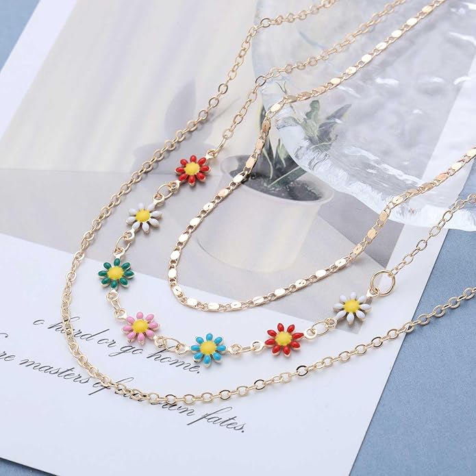 Vintage Layered Colorful Flower Necklace Multi Color Daisy Flower Choker Necklace Gold Rainbow Daisy Necklace Enamel Floral Necklace Chain Jewelry for Women
