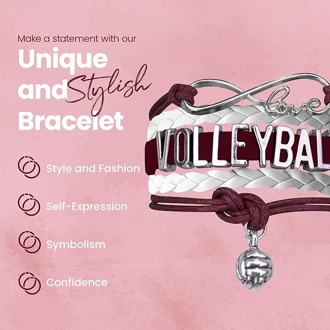 Volleyball Bracelets For Girls- Ideal Volleyball Gifts & Souvenirs. Adjustable Charm Bracelet with Moveable Letters, Infinity Symbol & Silver Volleyball Charm. Fashionable Bracelets by SportyBella.