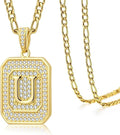 Initial Letter Pendant Necklace for Men Women, 14K Gold Square Monogram Alphabet Necklace with Figaro Chain, Valentines Day Birthday Gifts for Him Her