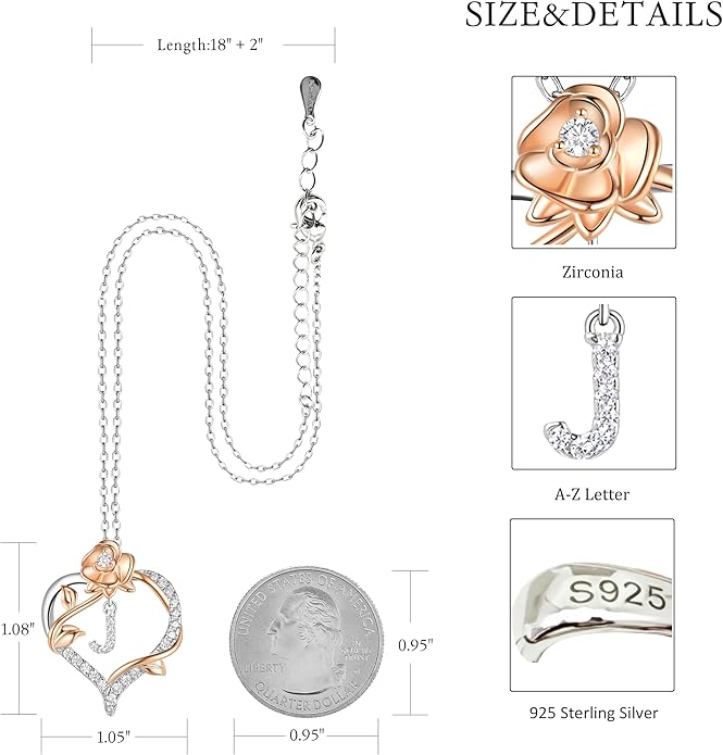 Valentines Day Gifts Rose Heart Letter Initial Necklace for Women, S925 Sterling Silver Pendant Necklace Adjustable Dainty Rose Flower Jewelry Gift for Her