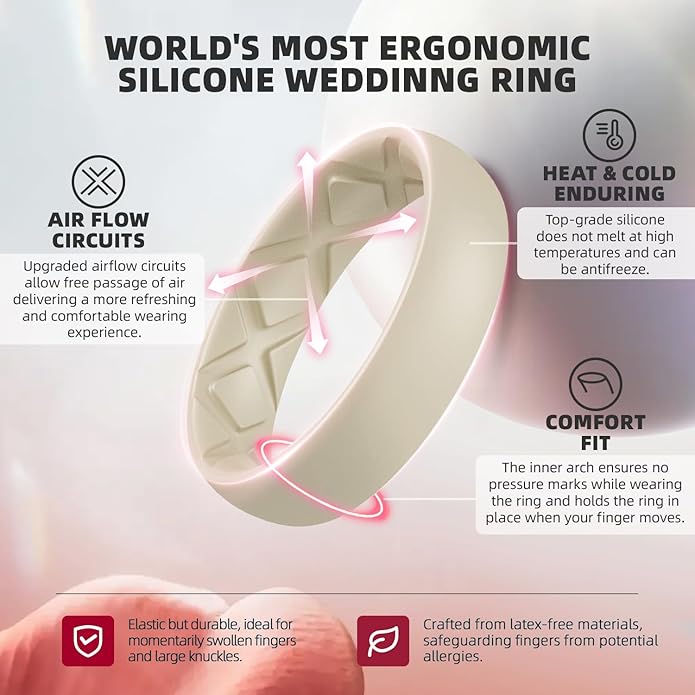 Egnaro Women's Bridal Rings Sets, Inner Arc Ergonomic Breathable Design Silicone Rubber Wedding Bands