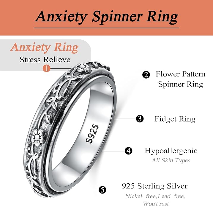 Ladytree Anxiety Relieve Rings 925 Sterling Silver Spinner Fidget Ring Worry Stress Relieving Boredom ADHD Autism Ring Platinum Plated Jewelry Birthday Gifts for Women Men