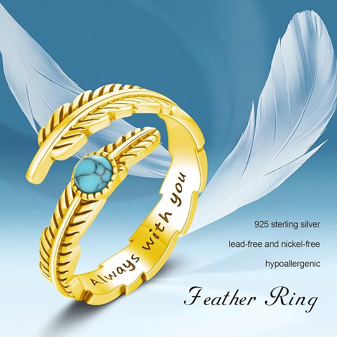 Turquoise/Moss Agate/Moonstone/Black Onyx/Lapis Lazuli/Labradorite/Tiger Eye Feather Ring 925 Sterling Silver Adjustable Ring Western Thumb Rings Vintage Jewelry Gifts for Women