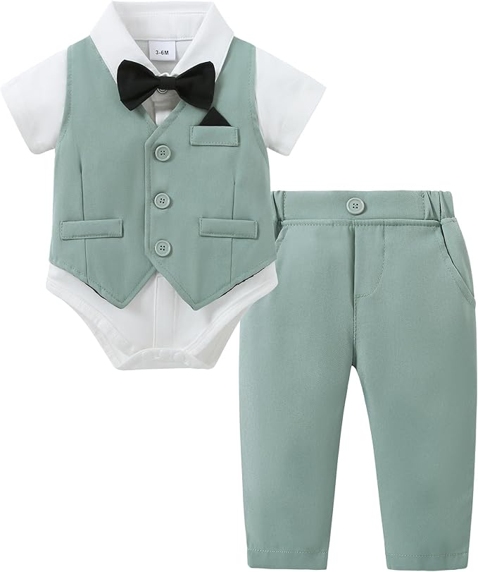 DISAUR Baby Boy Clothes Toddler Boy Outfits 4PCS Gentleman Dress Romper/Vest/Pants/Bow Tie Cotton Suit Sets