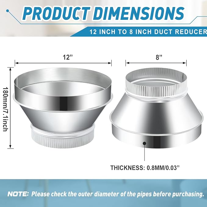 1 Pcs 12 Inch to 8 Inch Duct Reducer Increaser | Galvanized Steel Air Duct - Image 2