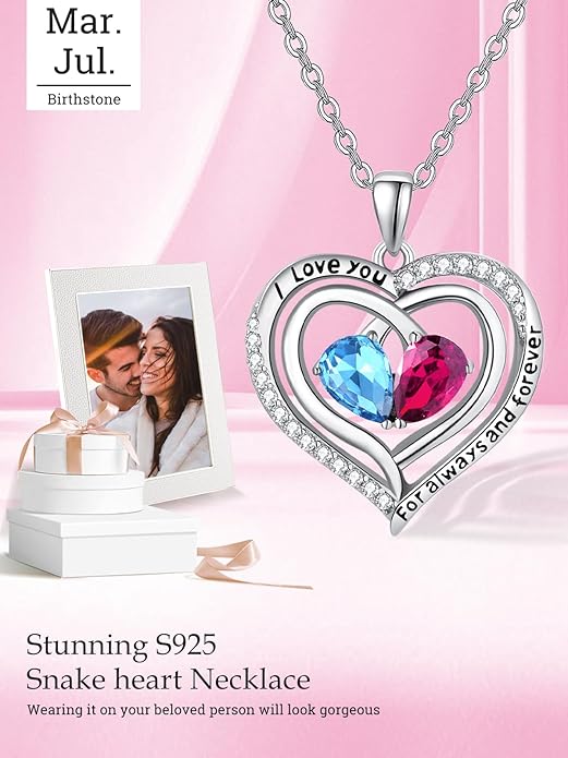Valentine's Day Gifts for Wife 925 Sterling Silver Double Birthstone Pendant Necklaces I Love You for Always and Forever Necklace Anniversary Birthday Gifts for Wife Girlfriend Mom Her