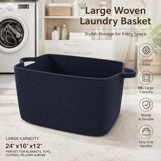 96L Woven Laundry Basket with Handles, Extra Blanket Basket, Living Room - Image 5