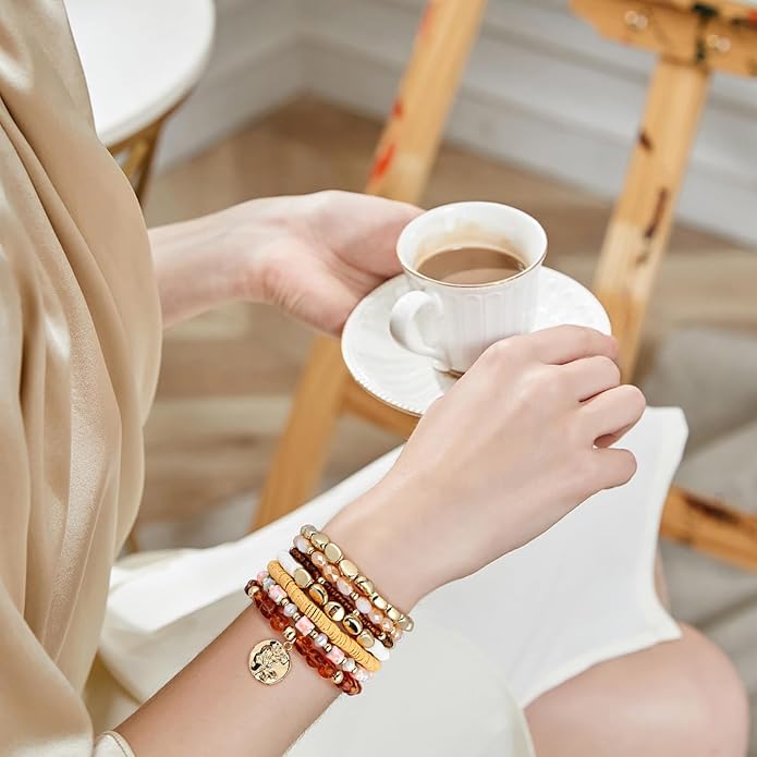 GOOJIDS Surfer Heishi Clay Bead Bracelets for Women Bohemian Stackable Gold Plated Beaded Stretch Bracelets Elastic Layering Friendship Bracelets Set Boho Jewelry