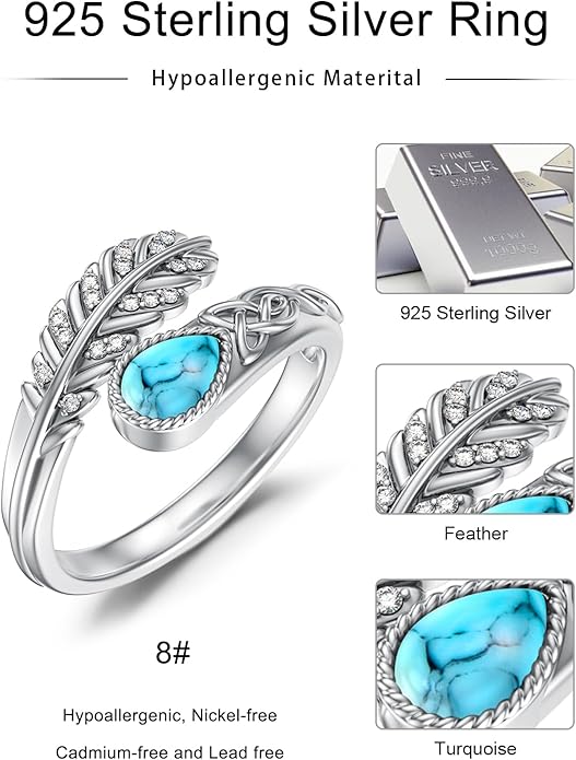 Turquoise/Moss Agate/Moonstone/Black Onyx/Lapis Lazuli/Labradorite/Tiger Eye Feather Ring 925 Sterling Silver Adjustable Ring Western Thumb Rings Vintage Jewelry Gifts for Women