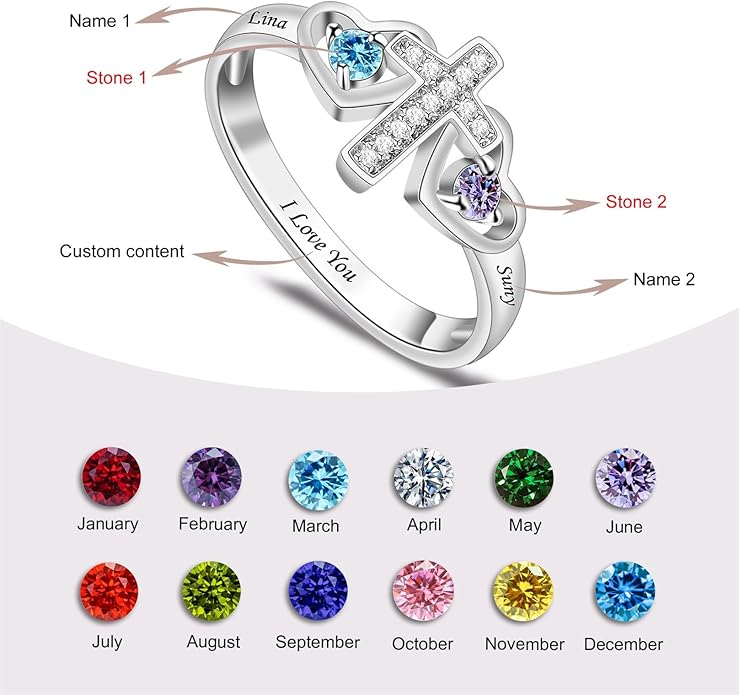 Personalized Heart Birthstone Rings for Women with 2 Birthstones Custom Name Rings for Couple Mother Daughter Jewelry Gift for Mother Her Christmas