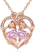 Rose Gold Necklaces for Women Double Birthstone Rose Flower Heart Pendant Necklace Jewelry Anniversary Christmas Valentine's Mother's Day Birthday Gift for Wife Mom Her Girlfriend Sister