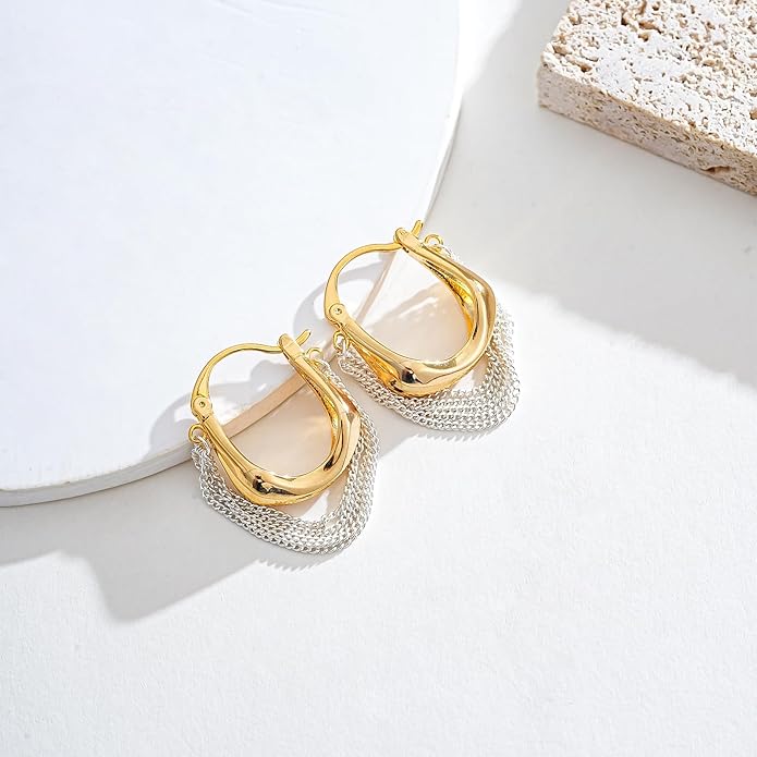 Two-Tone Tassel Chain Huggie Hoop Earrings for Women Mix Metal 18K Gold Plated Small Chunky Statement Earrings Gold Silver Dangle Drop Hip Hop Punk Hoop Earrings
