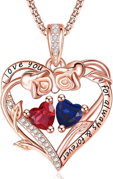 Rose Heart Necklaces for Women, Rose Gold Forever Love Jewelry with 2 Birthstones Pendant,Valentines Anniversarry Birthday Gifts for Her Wife Mom Grandma Daughter, 18+2 Inch Chain