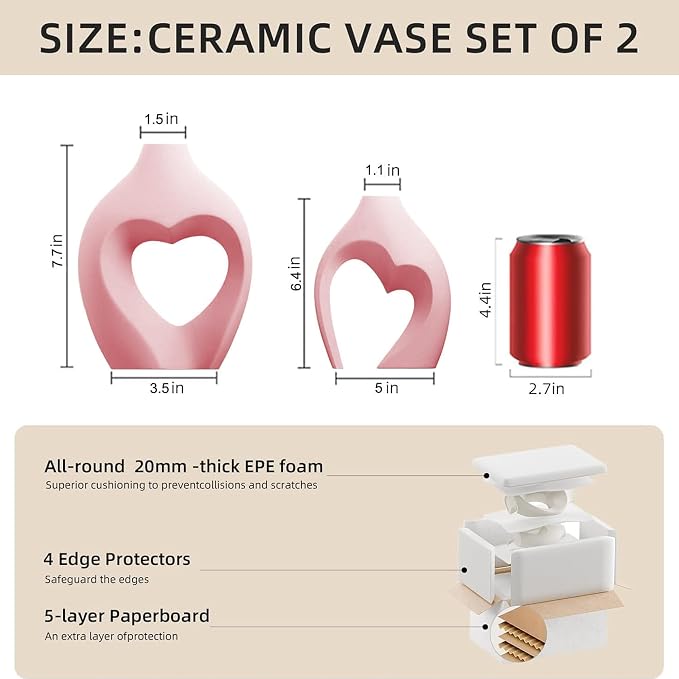 Ceramic Flower Vases Table Decor Heart Shaped Vase Set of 2 Pink | Nordic Heart - Image 2