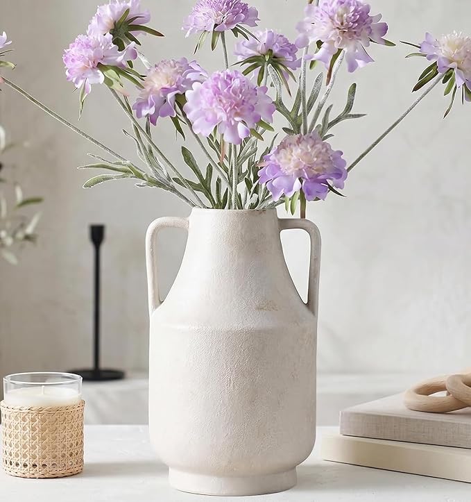 Ceramic Flower Vase with Handles, 11in Tall White Vases by CUCUMI