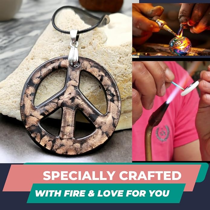 BESHEEK Murano Inspired Peace Sign Blown Glass Lampwork Art Pendant Necklace for Women Handcrafted Artisan Hypoallergenic Italian Style Jewelry